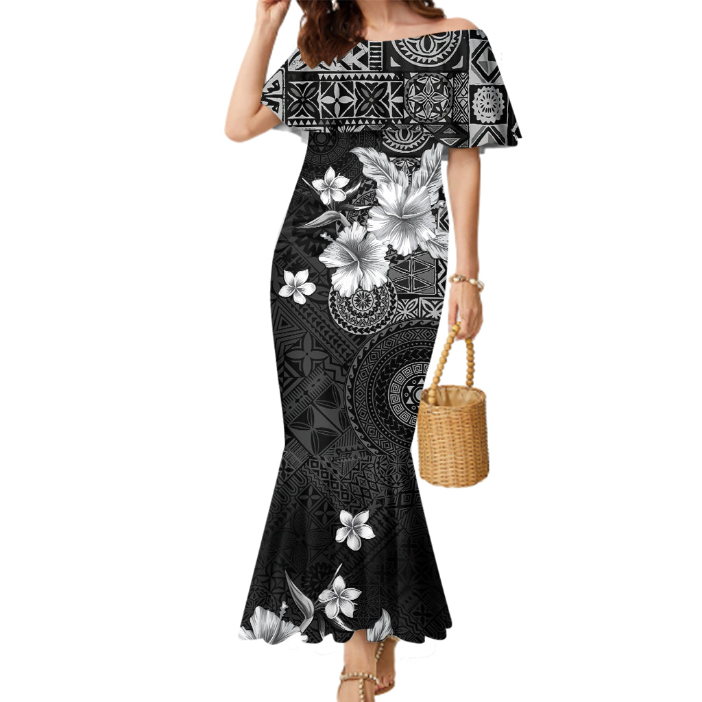 Hawaii Tapa Pattern With Black Hibiscus Family Matching Mermaid Dress and Hawaiian Shirt