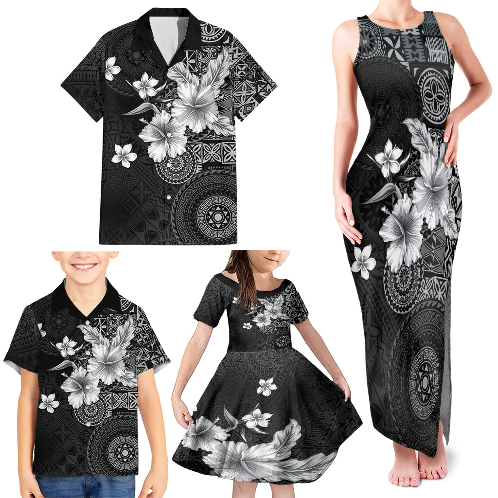 Hawaii Tapa Pattern With Black Hibiscus Family Matching Tank Maxi Dress and Hawaiian Shirt