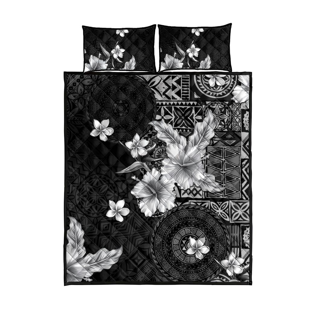 Hawaii Tapa Pattern With Black Hibiscus Quilt Bed Set