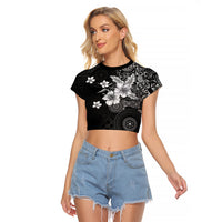 Hawaii Tapa Pattern With Black Hibiscus Raglan Cropped T Shirt