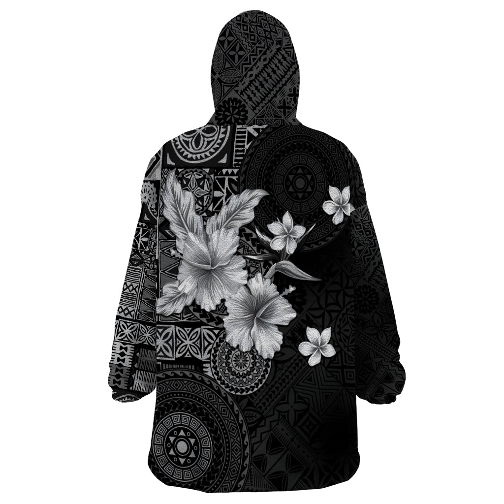 Hawaii Tapa Pattern With Black Hibiscus Wearable Blanket Hoodie