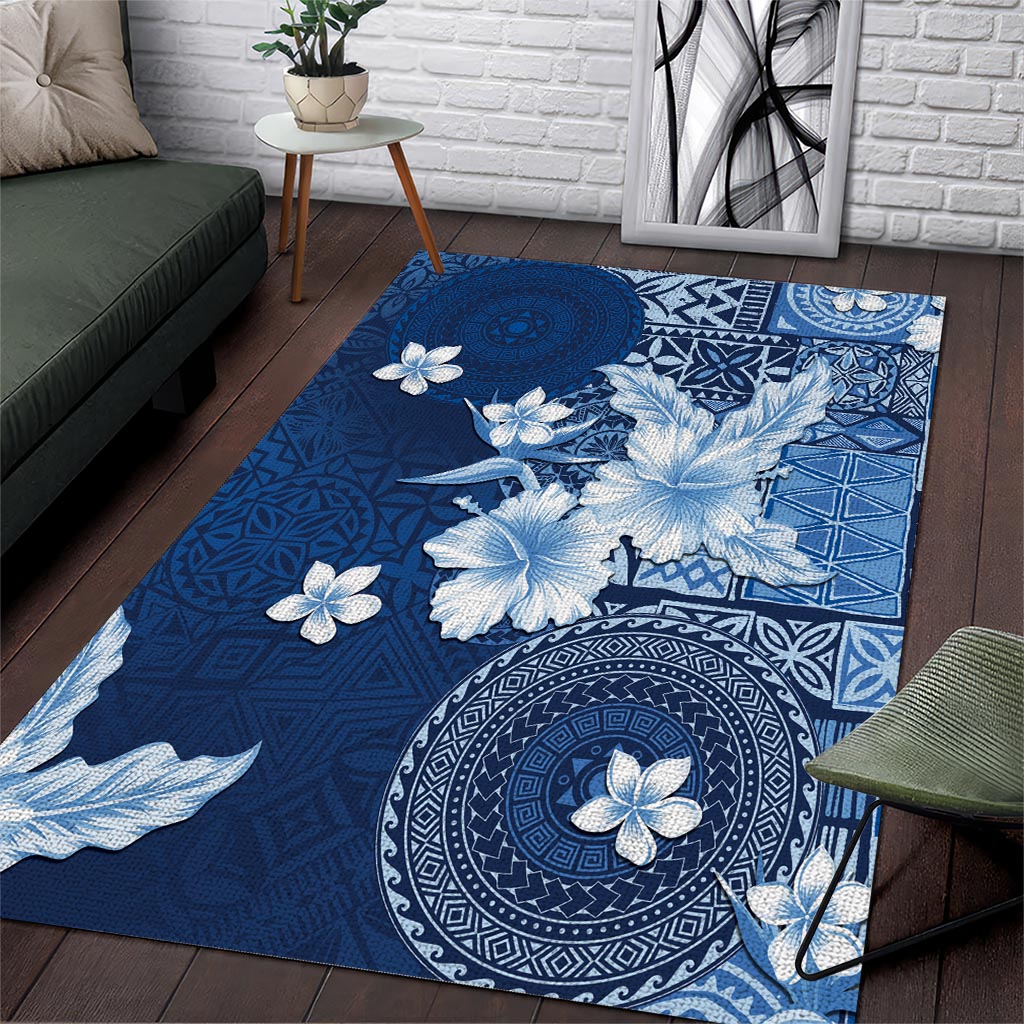 Hawaii Tapa Pattern With Navy Hibiscus Area Rug