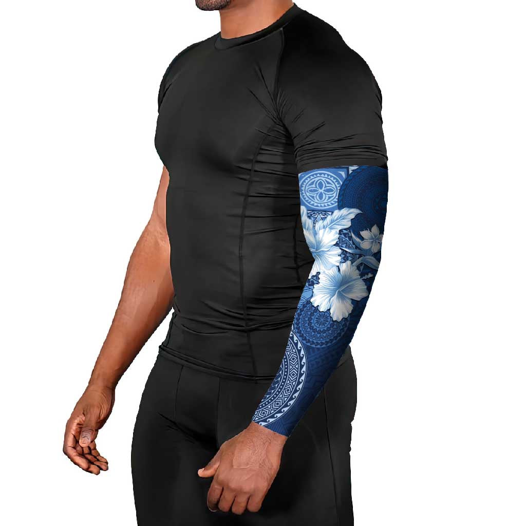 Hawaii Tapa Pattern With Navy Hibiscus Arm Sleeves - Polynesian Pride