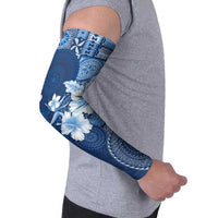 Hawaii Tapa Pattern With Navy Hibiscus Arm Sleeves - Polynesian Pride