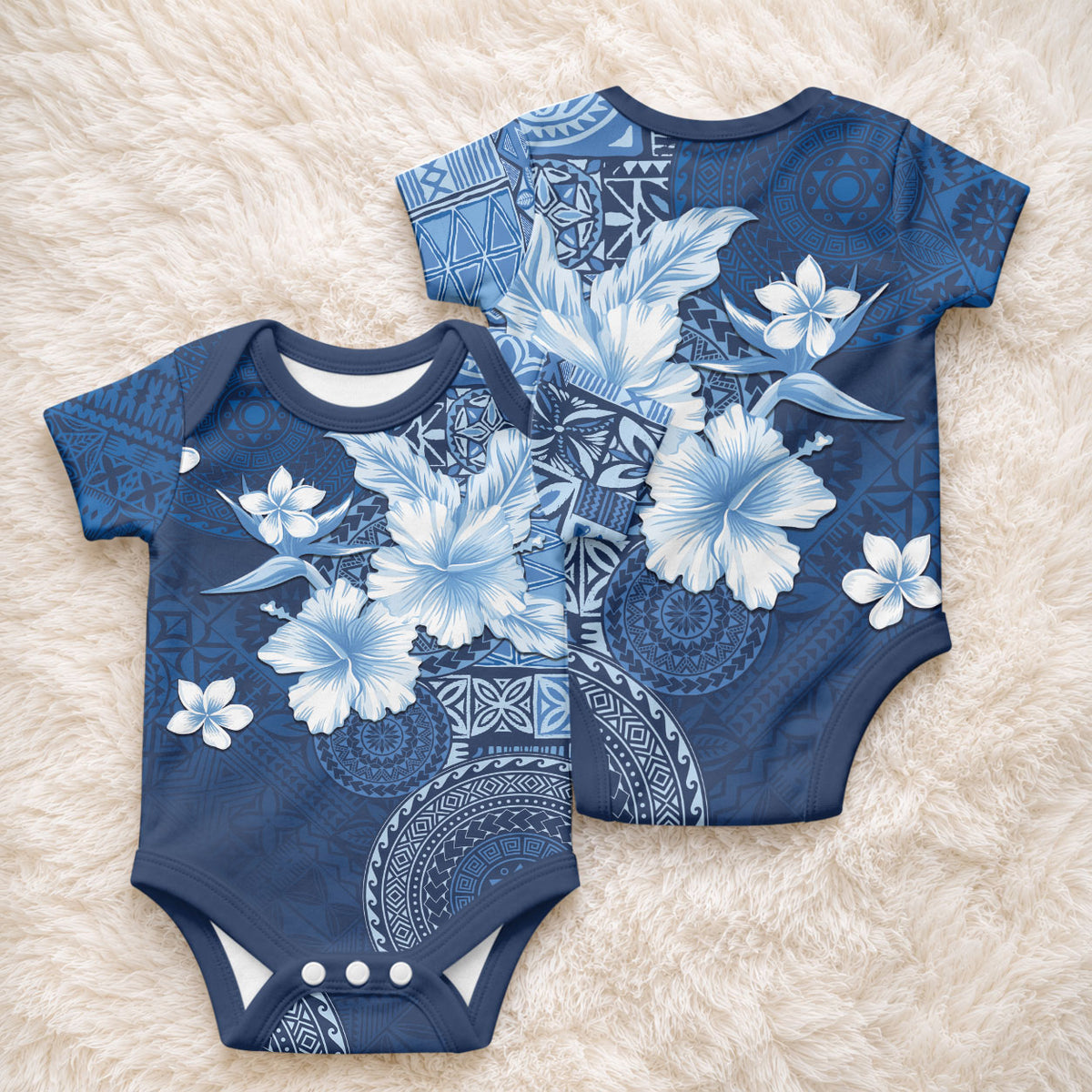 Hawaii Tapa Pattern With Navy Hibiscus Baby Onesie LT05 - Polynesian Pride