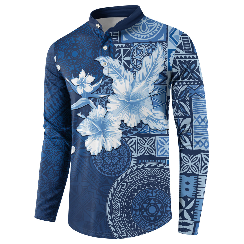 Hawaii Tapa Pattern With Navy Hibiscus Button Sweatshirt