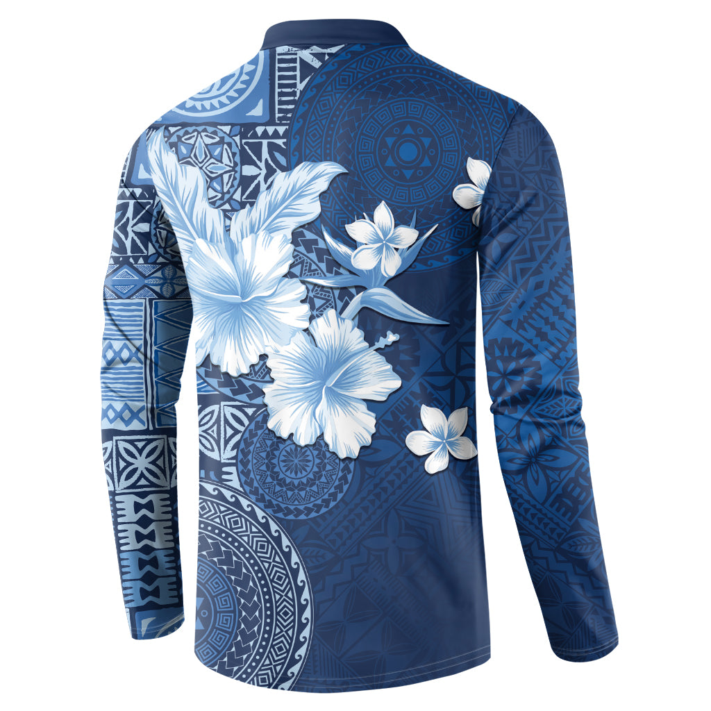 Hawaii Tapa Pattern With Navy Hibiscus Button Sweatshirt