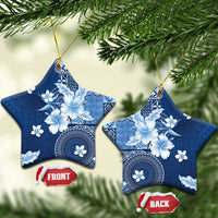 Hawaii Tapa Pattern With Navy Hibiscus Ceramic Ornament