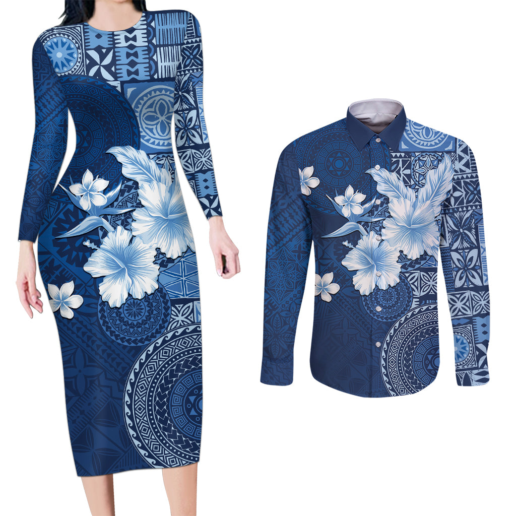 Hawaii Tapa Pattern With Navy Hibiscus Couples Matching Long Sleeve Bodycon Dress and Long Sleeve Button Shirt