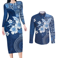 Hawaii Tapa Pattern With Navy Hibiscus Couples Matching Long Sleeve Bodycon Dress and Long Sleeve Button Shirt