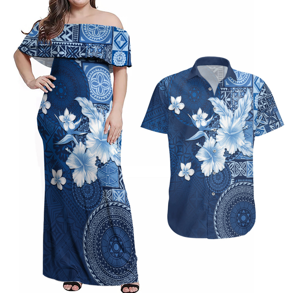 Hawaii Tapa Pattern With Navy Hibiscus Couples Matching Off Shoulder Maxi Dress and Hawaiian Shirt