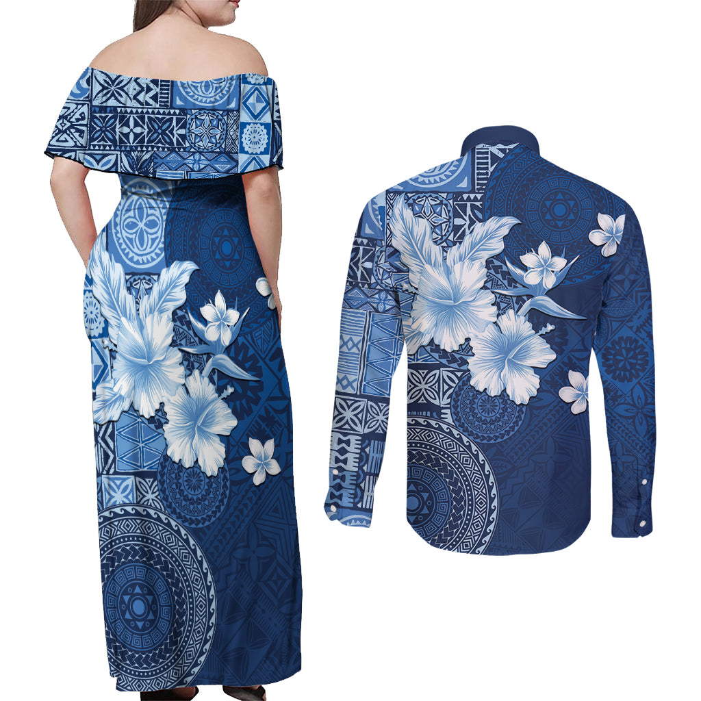 Hawaii Tapa Pattern With Navy Hibiscus Couples Matching Off Shoulder Maxi Dress and Long Sleeve Button Shirt