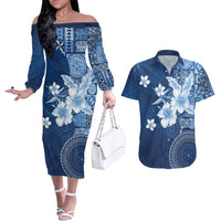 Hawaii Tapa Pattern With Navy Hibiscus Couples Matching Off The Shoulder Long Sleeve Dress and Hawaiian Shirt