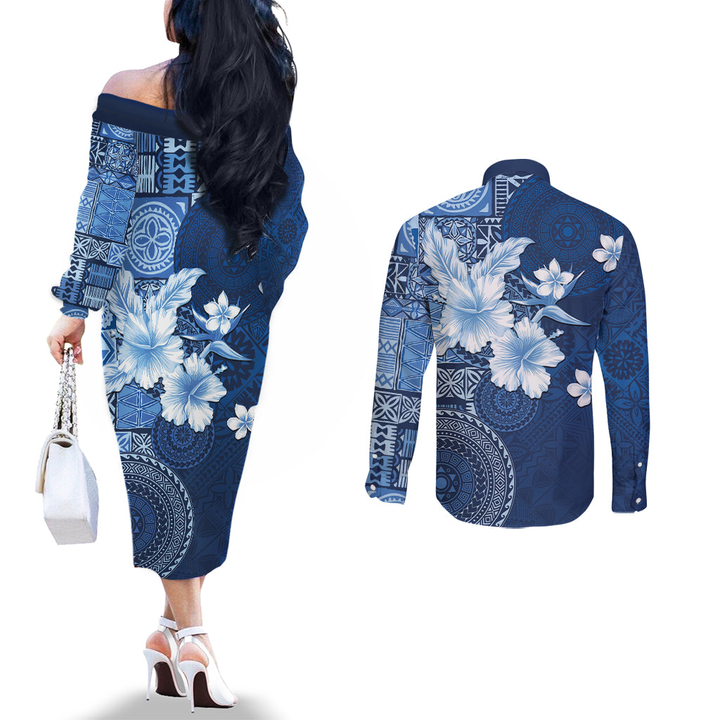 Hawaii Tapa Pattern With Navy Hibiscus Couples Matching Off The Shoulder Long Sleeve Dress and Long Sleeve Button Shirt