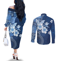 Hawaii Tapa Pattern With Navy Hibiscus Couples Matching Off The Shoulder Long Sleeve Dress and Long Sleeve Button Shirt