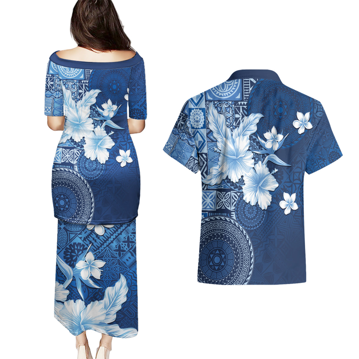 Hawaii Tapa Pattern With Navy Hibiscus Couples Matching Puletasi and Hawaiian Shirt