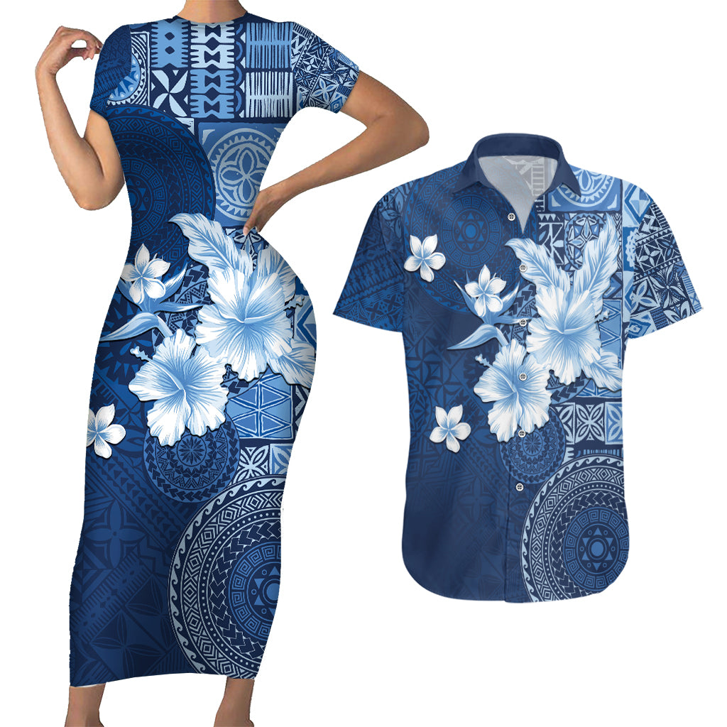 Hawaii Tapa Pattern With Navy Hibiscus Couples Matching Short Sleeve Bodycon Dress and Hawaiian Shirt