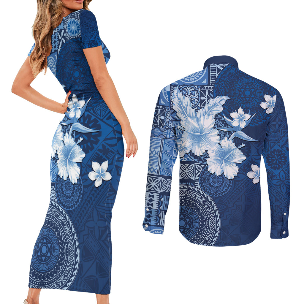 Hawaii Tapa Pattern With Navy Hibiscus Couples Matching Short Sleeve Bodycon Dress and Long Sleeve Button Shirt
