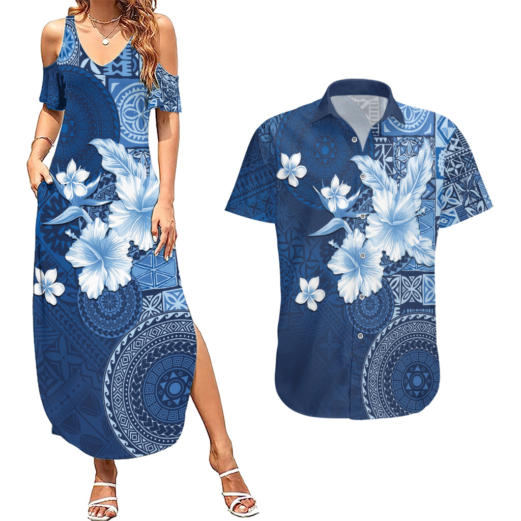 Hawaii Tapa Pattern With Navy Hibiscus Couples Matching Summer Maxi Dress and Hawaiian Shirt