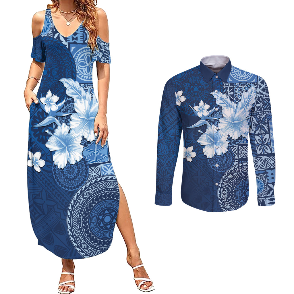 Hawaii Tapa Pattern With Navy Hibiscus Couples Matching Summer Maxi Dress and Long Sleeve Button Shirt