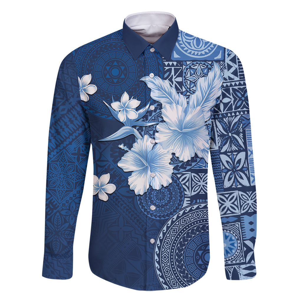 Hawaii Tapa Pattern With Navy Hibiscus Family Matching Long Sleeve Bodycon Dress and Hawaiian Shirt