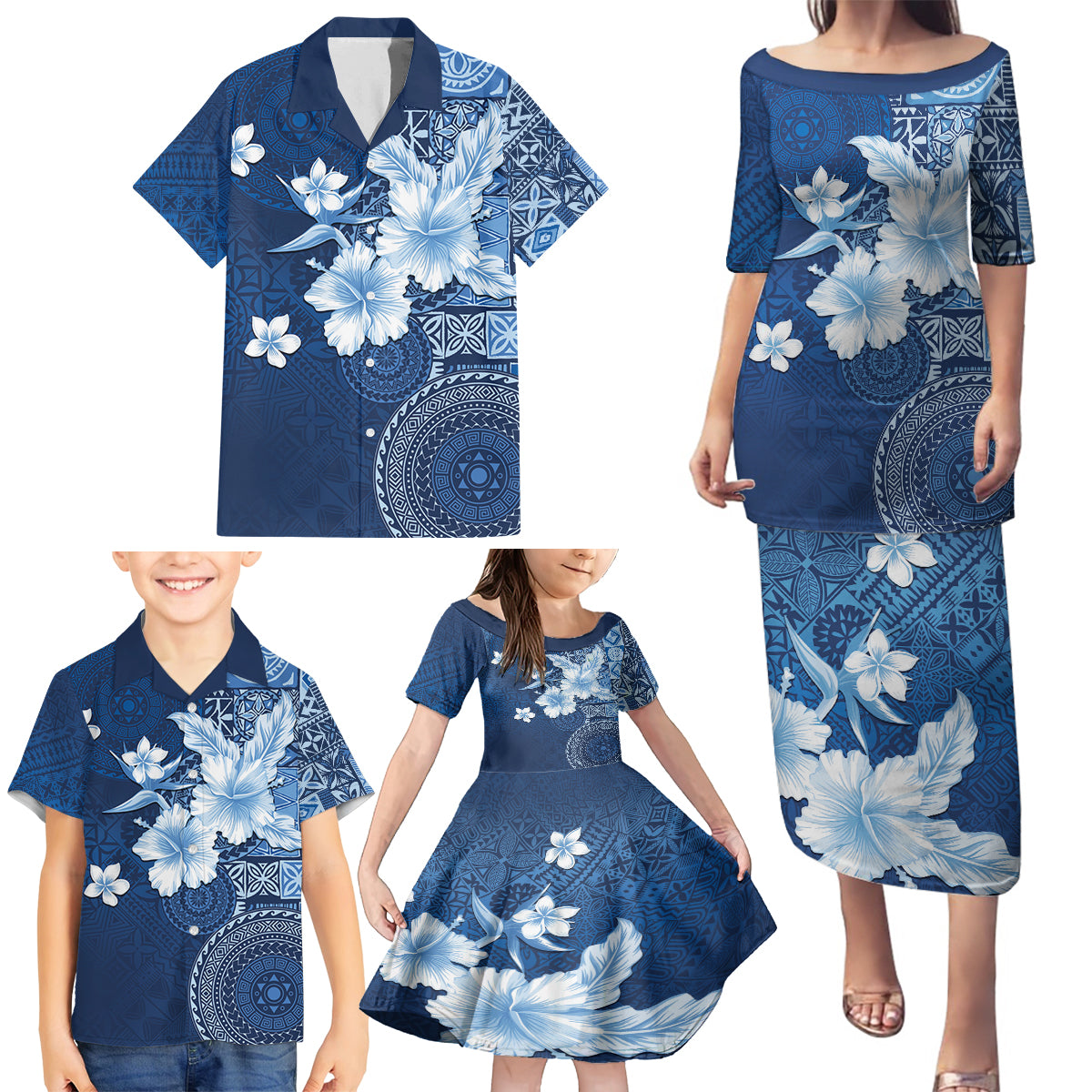 Hawaii Tapa Pattern With Navy Hibiscus Family Matching Puletasi and Hawaiian Shirt