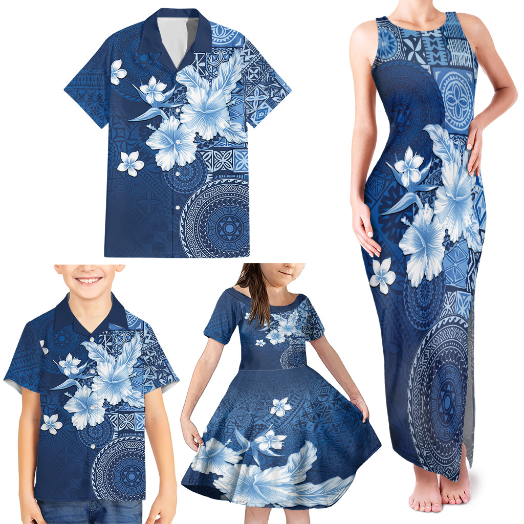 Hawaii Tapa Pattern With Navy Hibiscus Family Matching Tank Maxi Dress and Hawaiian Shirt