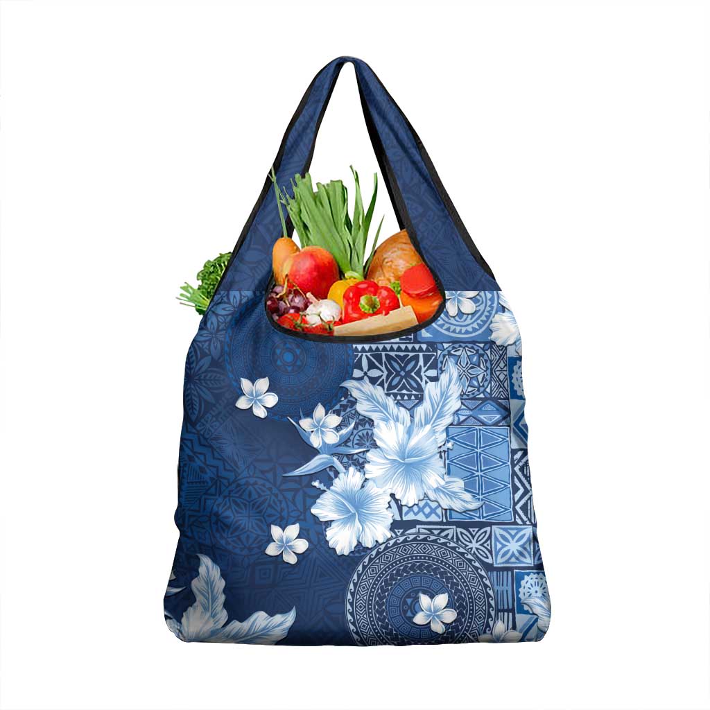 Hawaii Tapa Pattern With Navy Hibiscus Grocery Bag