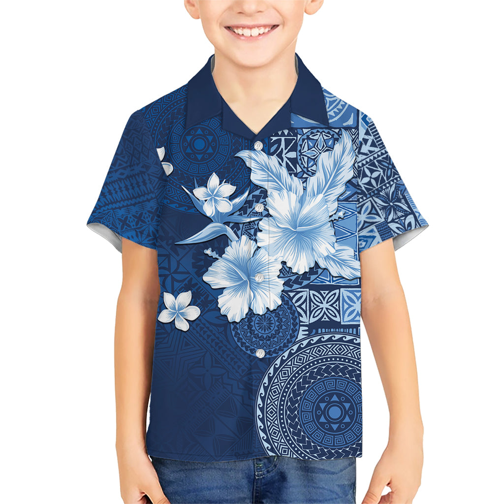 Hawaii Tapa Pattern With Navy Hibiscus Kid Hawaiian Shirt