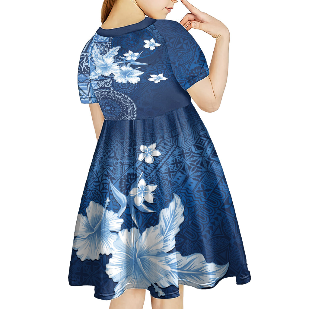 Hawaii Tapa Pattern With Navy Hibiscus Kid Short Sleeve Dress