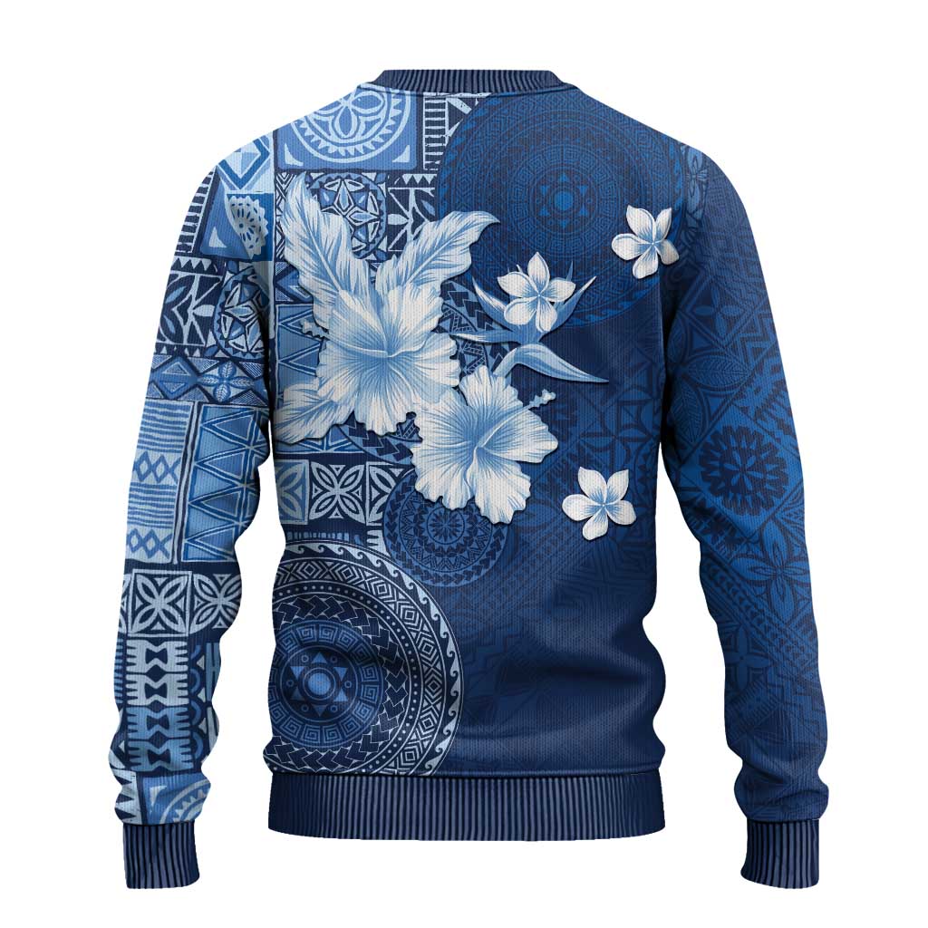 Hawaii Tapa Pattern With Navy Hibiscus Ugly Christmas Sweater