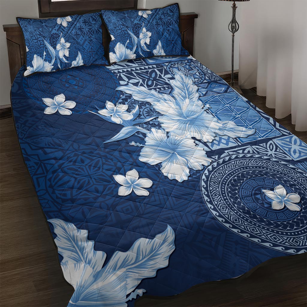 Hawaii Tapa Pattern With Navy Hibiscus Quilt Bed Set