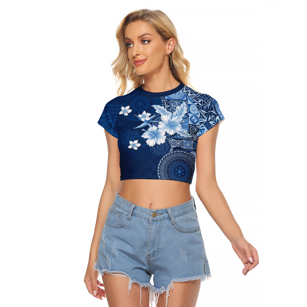 Hawaii Tapa Pattern With Navy Hibiscus Raglan Cropped T Shirt