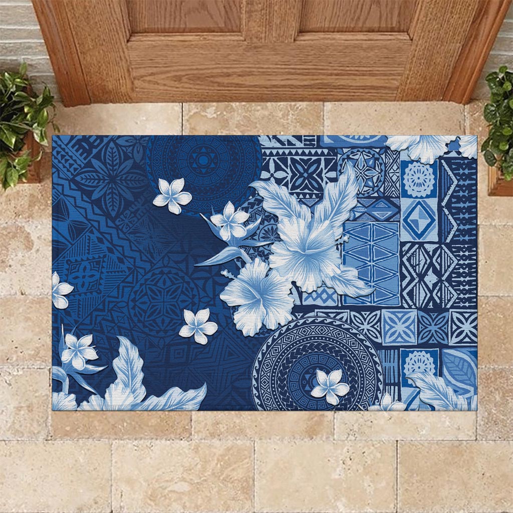 Hawaii Tapa Pattern With Navy Hibiscus Rubber Doormat