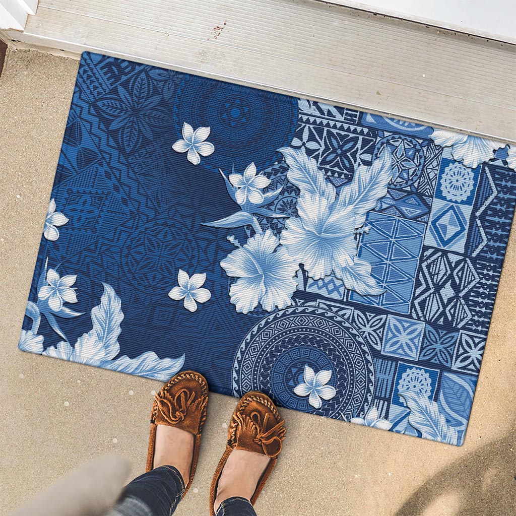 Hawaii Tapa Pattern With Navy Hibiscus Rubber Doormat