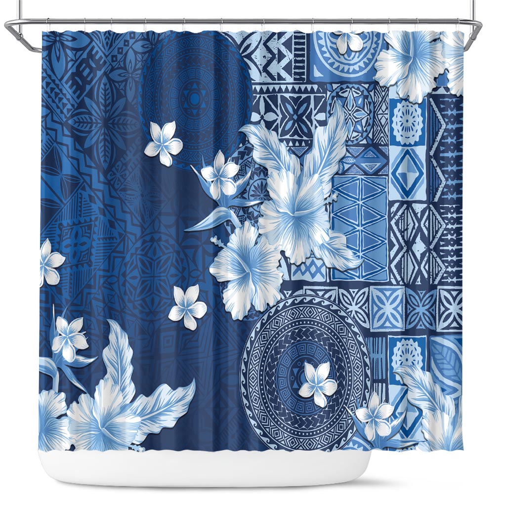 Hawaii Tapa Pattern With Navy Hibiscus Shower Curtain