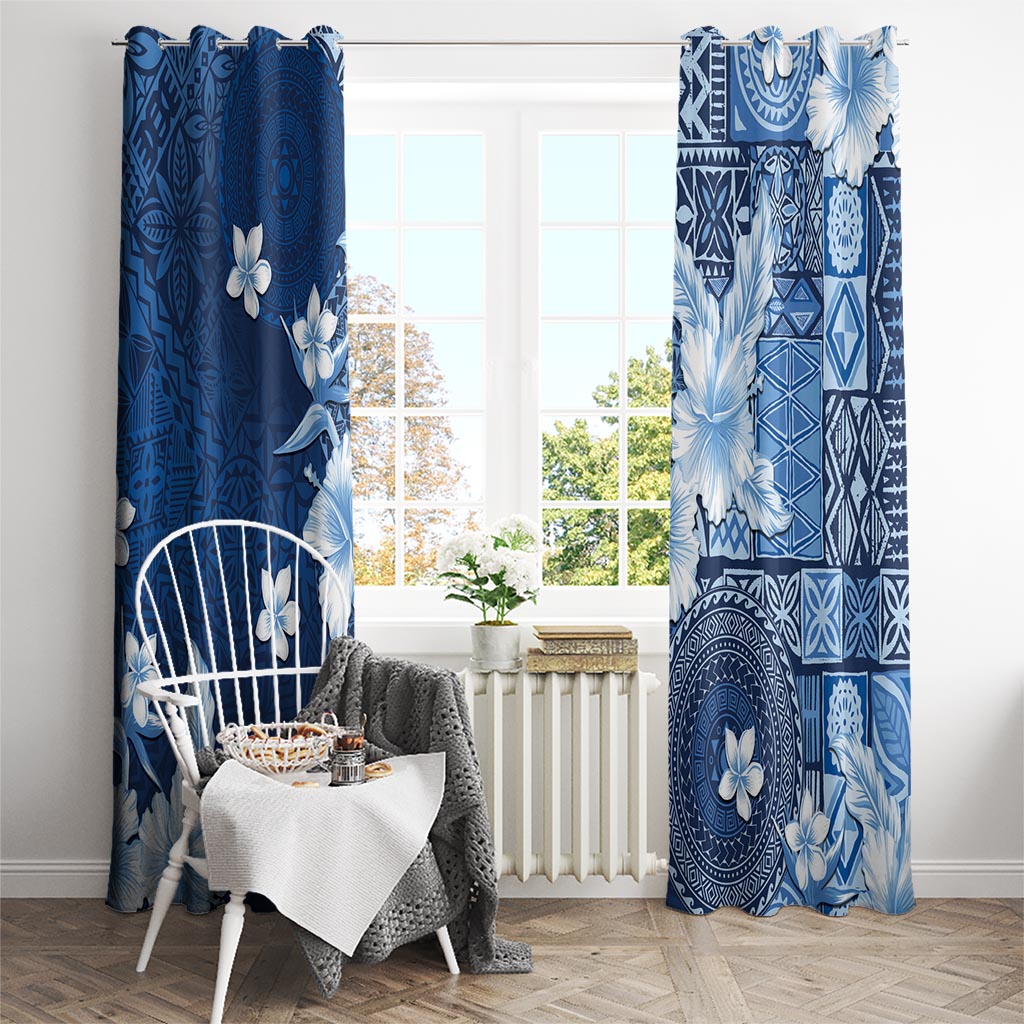 Hawaii Tapa Pattern With Navy Hibiscus Window Curtain