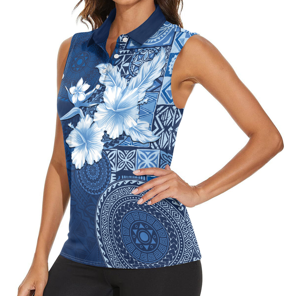 Hawaii Tapa Pattern With Navy Hibiscus Women Sleeveless Polo Shirt
