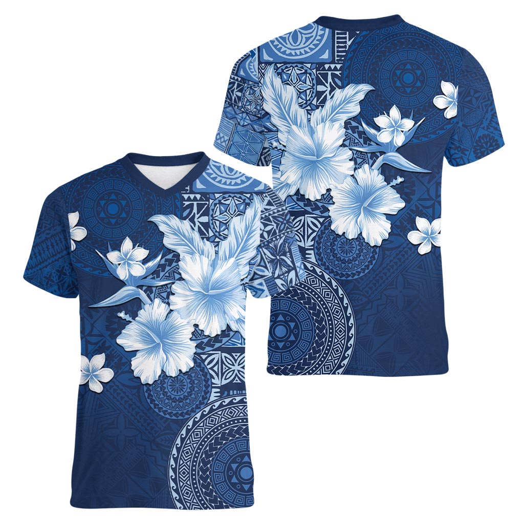 Hawaii Tapa Pattern With Navy Hibiscus Women V-Neck T-Shirt