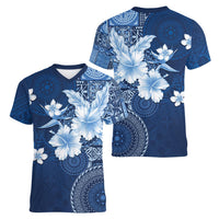Hawaii Tapa Pattern With Navy Hibiscus Women V-Neck T-Shirt