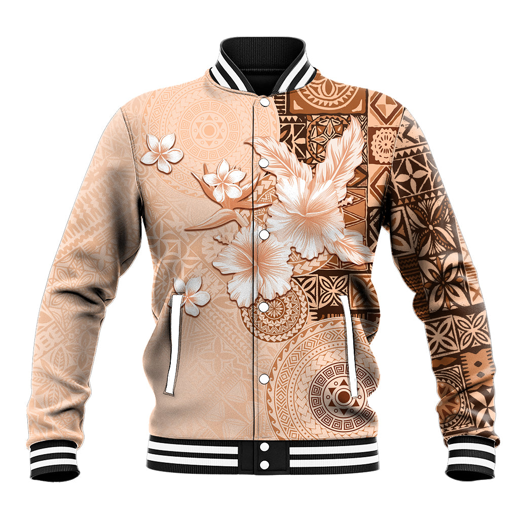 Hawaii Tapa Pattern With Brown Hibiscus Baseball Jacket