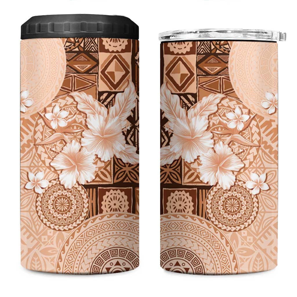 Hawaii Tapa Pattern With Brown Hibiscus 4 in 1 Can Cooler Tumbler