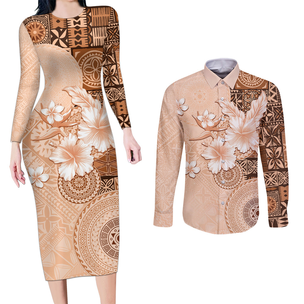 Hawaii Tapa Pattern With Brown Hibiscus Couples Matching Long Sleeve Bodycon Dress and Long Sleeve Button Shirt