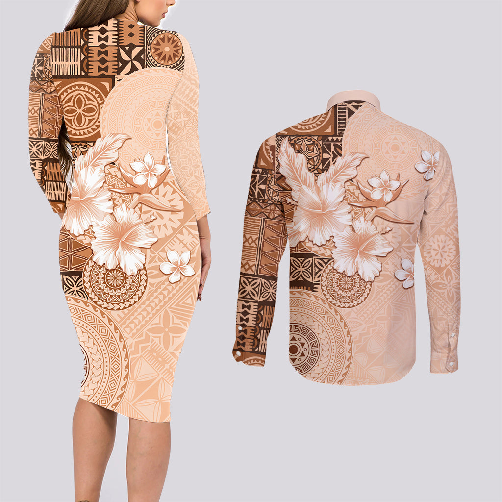 Hawaii Tapa Pattern With Brown Hibiscus Couples Matching Long Sleeve Bodycon Dress and Long Sleeve Button Shirt