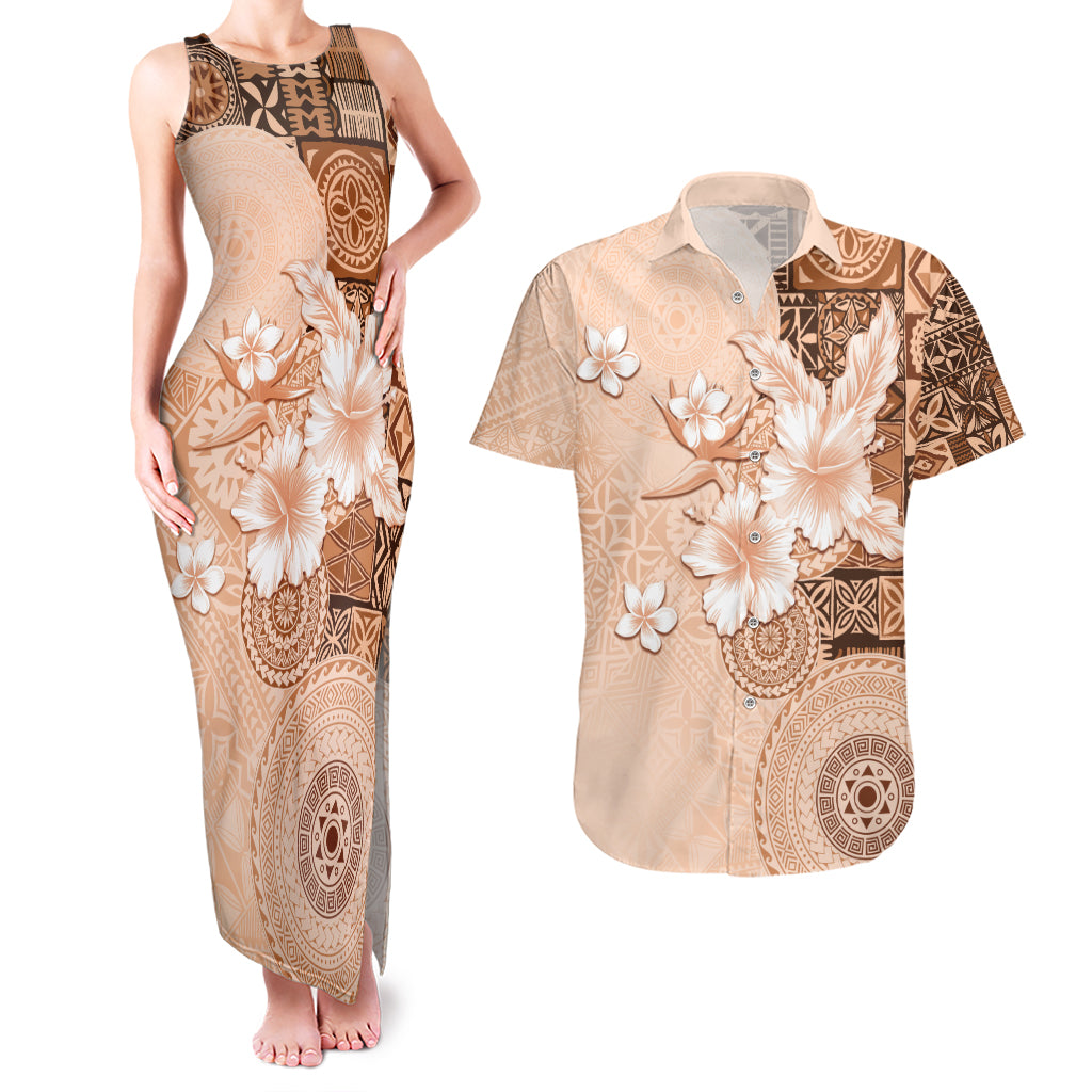 Hawaii Tapa Pattern With Brown Hibiscus Couples Matching Tank Maxi Dress and Hawaiian Shirt