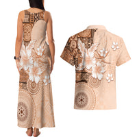 Hawaii Tapa Pattern With Brown Hibiscus Couples Matching Tank Maxi Dress and Hawaiian Shirt
