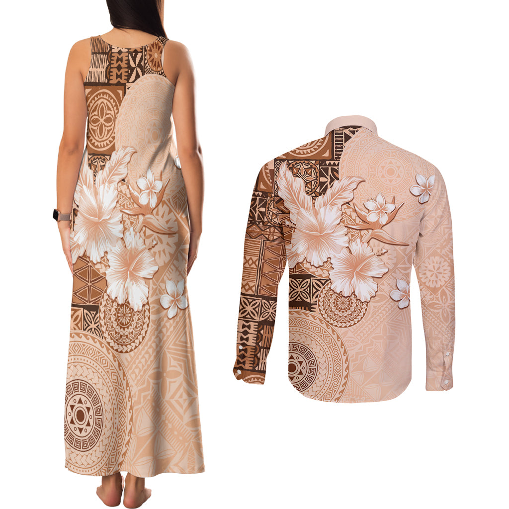 Hawaii Tapa Pattern With Brown Hibiscus Couples Matching Tank Maxi Dress and Long Sleeve Button Shirt