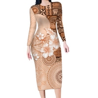 Hawaii Tapa Pattern With Brown Hibiscus Family Matching Long Sleeve Bodycon Dress and Hawaiian Shirt