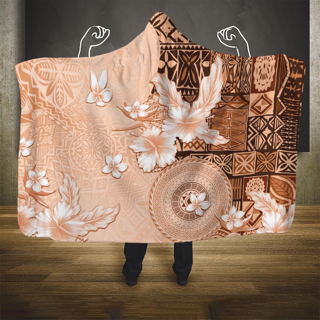 Hawaii Tapa Pattern With Brown Hibiscus Hooded Blanket