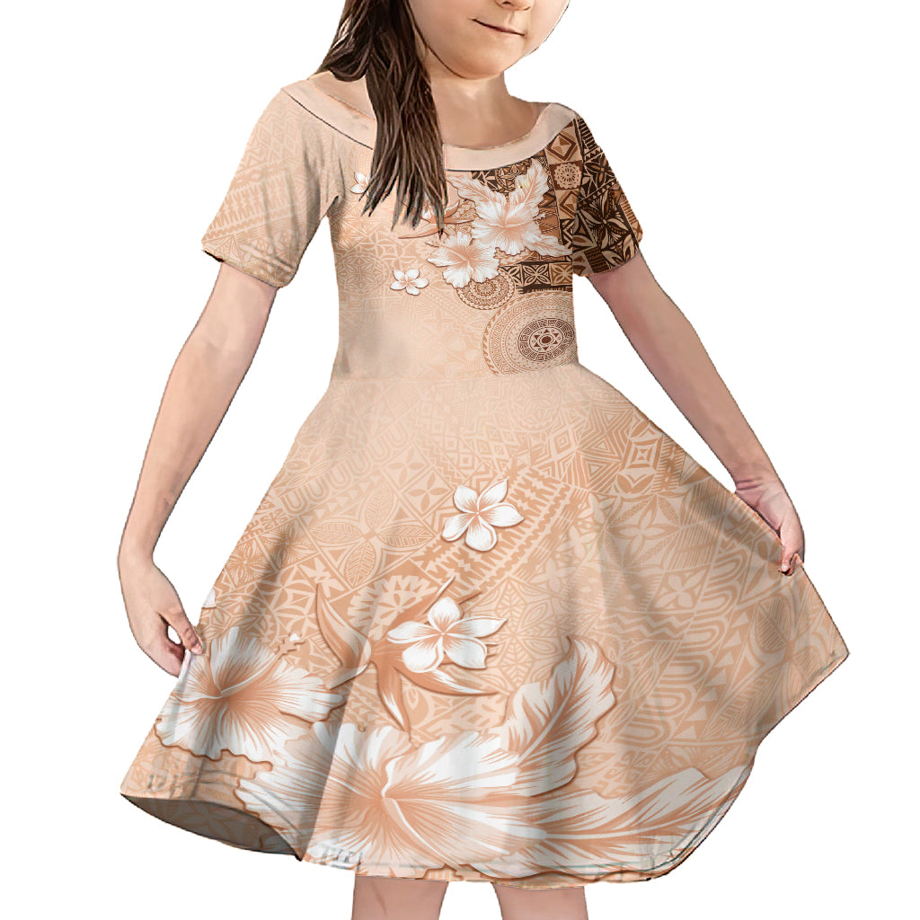 Hawaii Tapa Pattern With Brown Hibiscus Kid Short Sleeve Dress